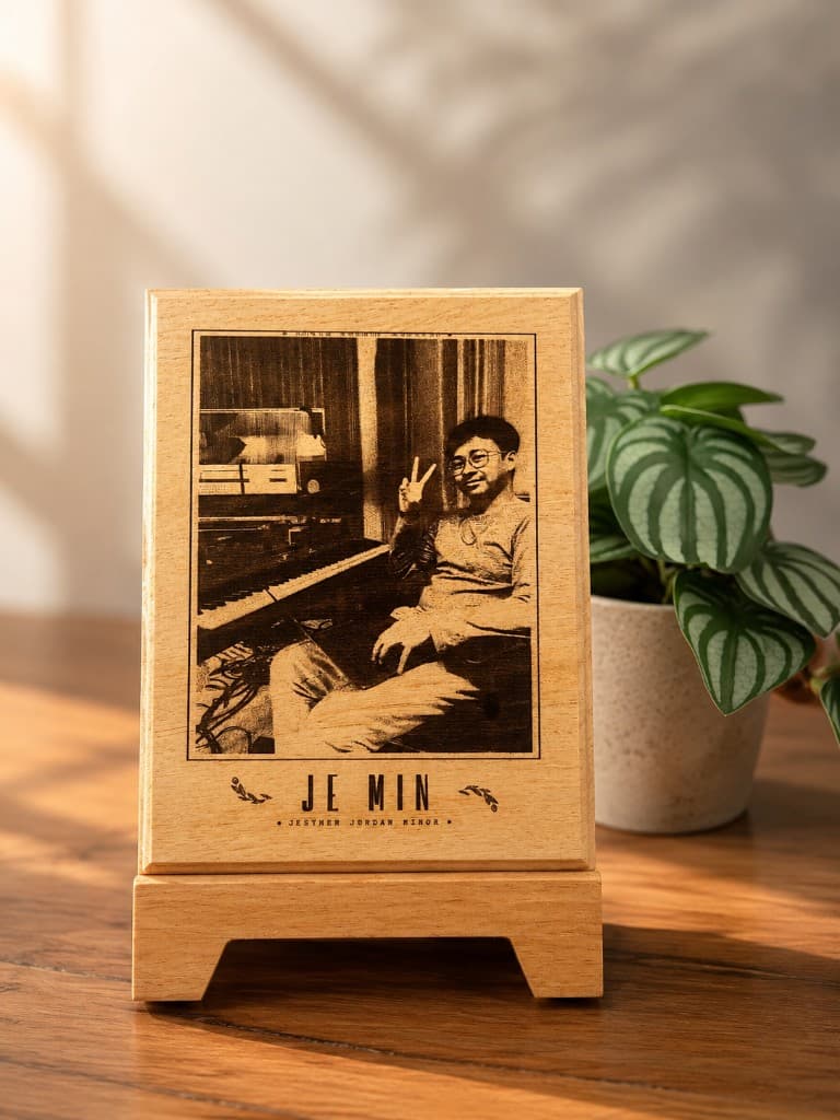 Personalized wooden plaque with portrait and name on display