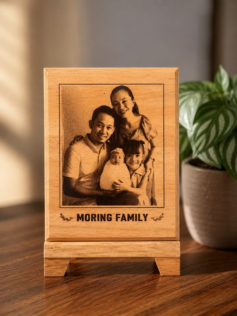 Family portrait engraved on a light wood plaque