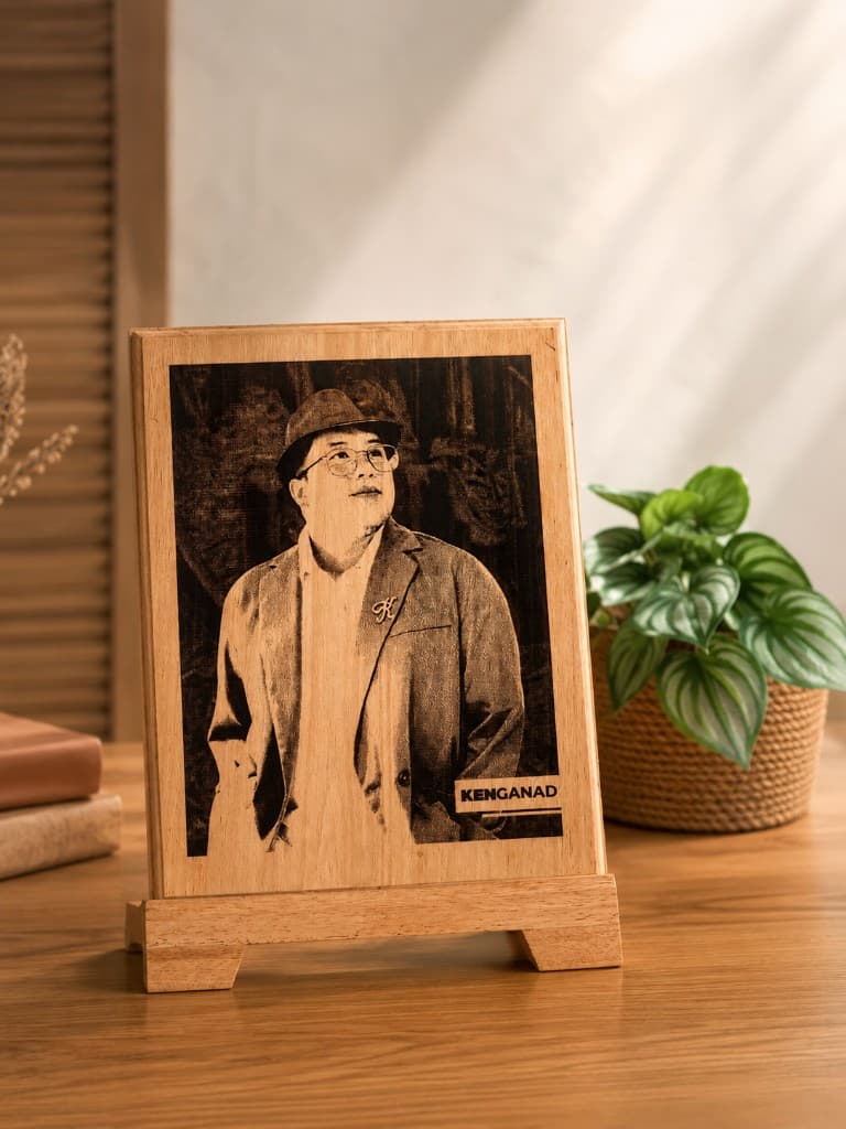 Wooden plaque with detailed engraved portrait on a stand
